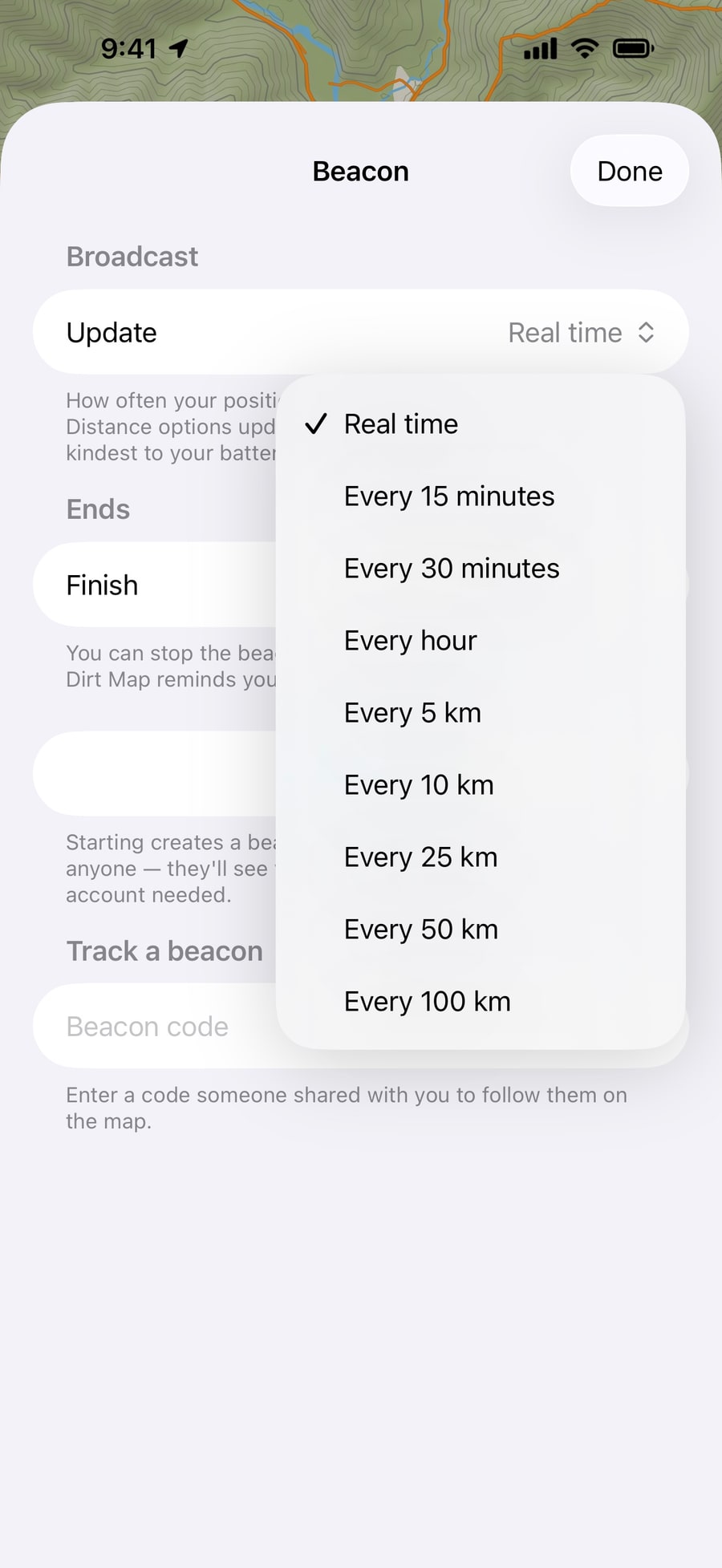 Beacon’s update choices: Real time, every 15 or 30 minutes, every hour, or every 5, 10, 25, 50 or 100 km.