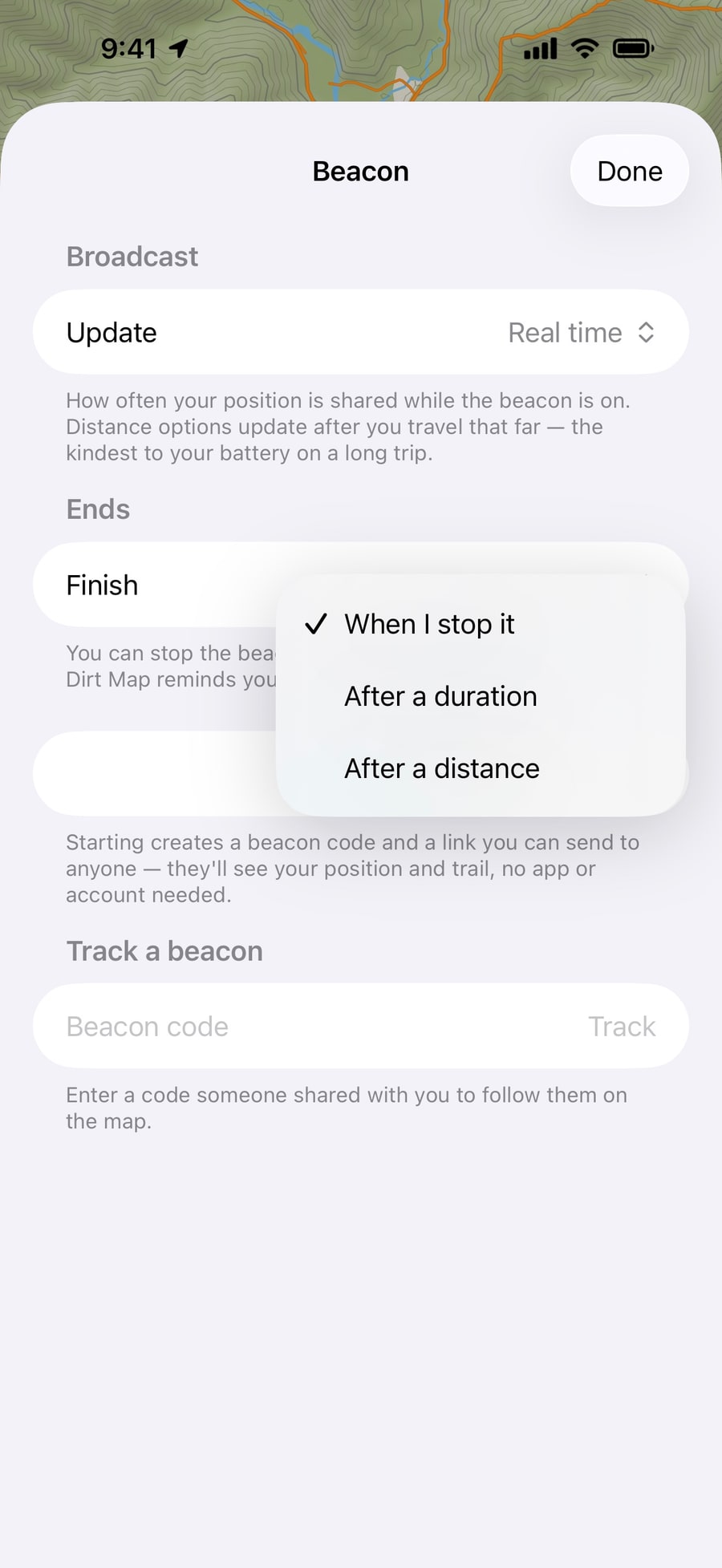 Beacon’s finish choices: When I stop it, After a duration, or After a distance.