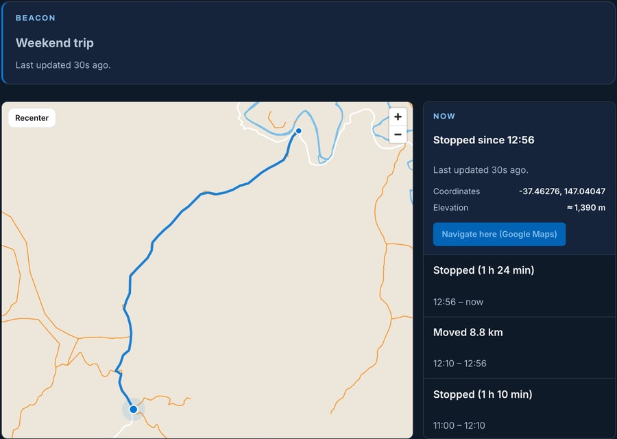 The web page a shared beacon opens: the trip’s name and when it last updated, a map with the trail along a 4WD track, and a timeline beside it: stopped since 12:56, moved 8.8 km, and stopped for 1 h 10 min before that.