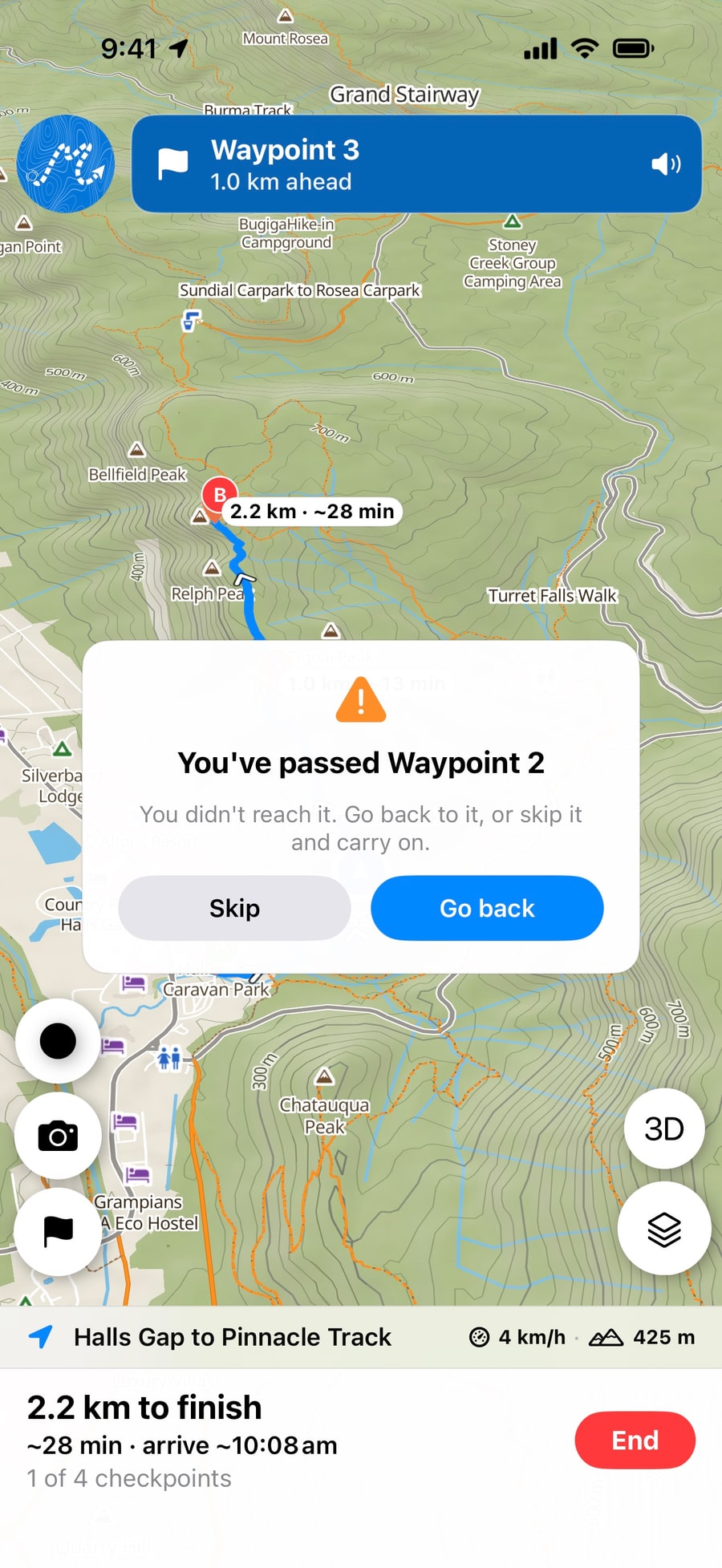 A card reading You’ve passed Waypoint 2: you didn’t reach it, so go back to it or skip it and carry on, with Skip and Go back buttons.