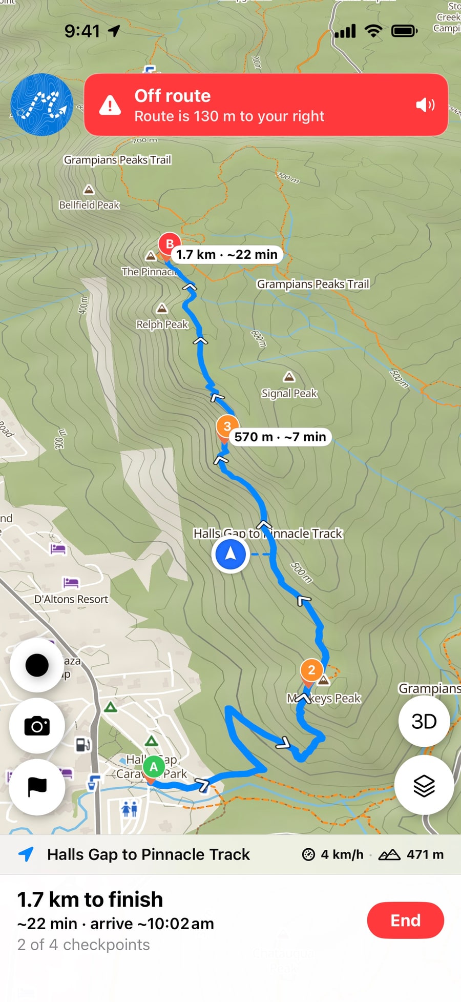 A red Off route banner saying the route is 130 m to your right, with a dashed line on the map leading back to it.