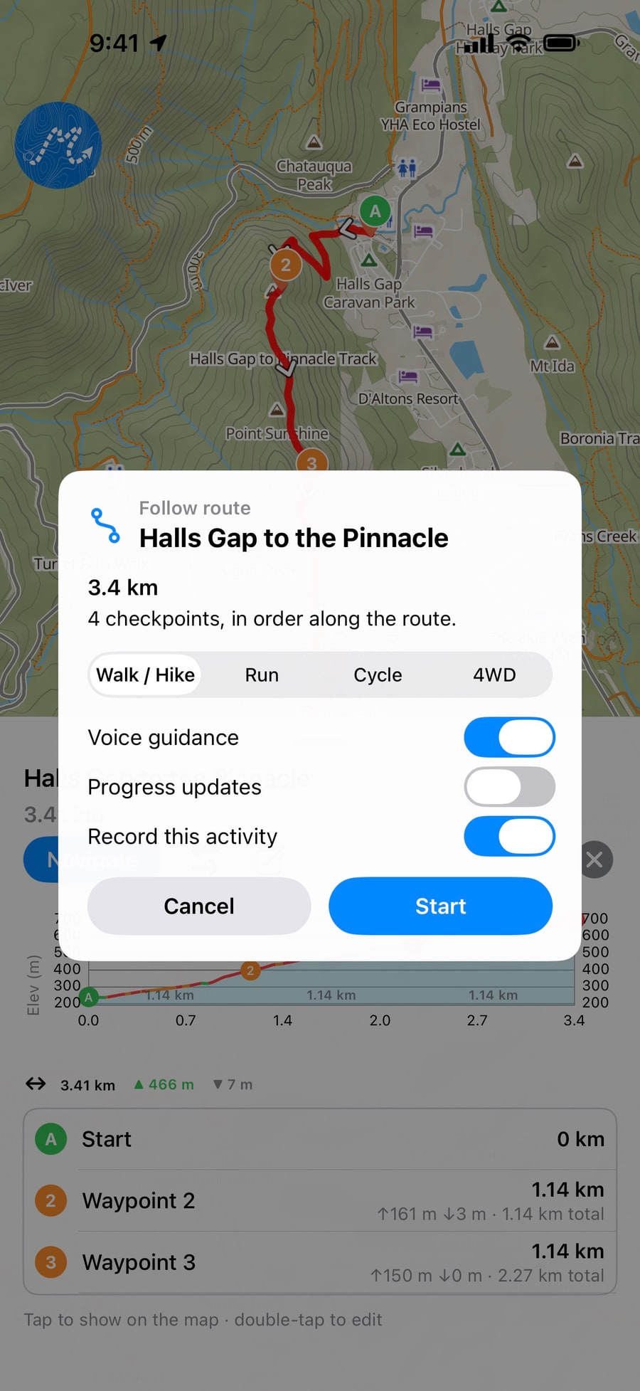 The Follow route card for the saved route Halls Gap to the Pinnacle in Dirt Map: 3.4 km and 4 checkpoints, a choice of Walk / Hike, Run, Cycle or 4WD, a voice guidance switch and an option to record the activity.