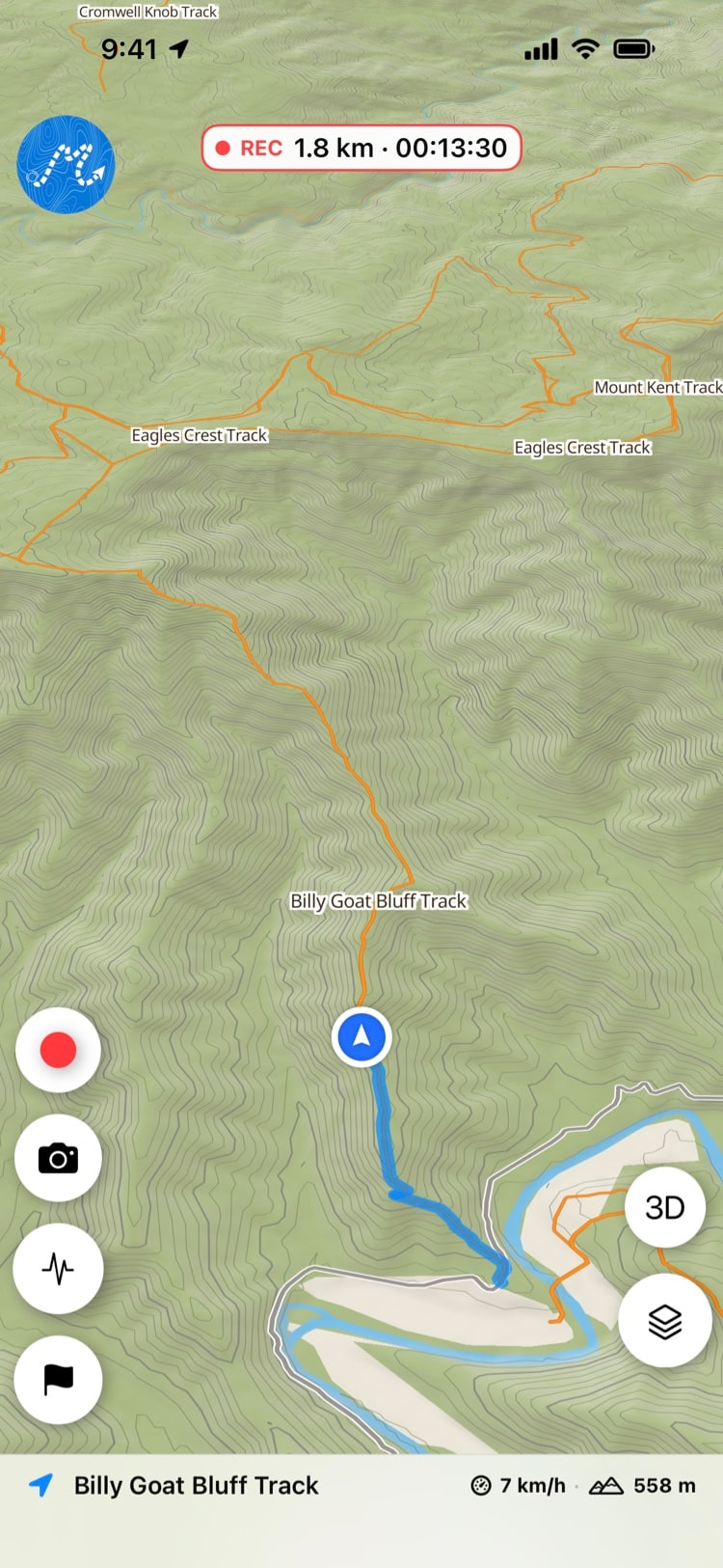 Recording a trip in Dirt Map: the trail runs from the river crossing 1.8 km up Billy Goat Bluff Track to the location puck, with REC 1.8 km · 00:13:30 at the top and 7 km/h and 558 m along the bottom