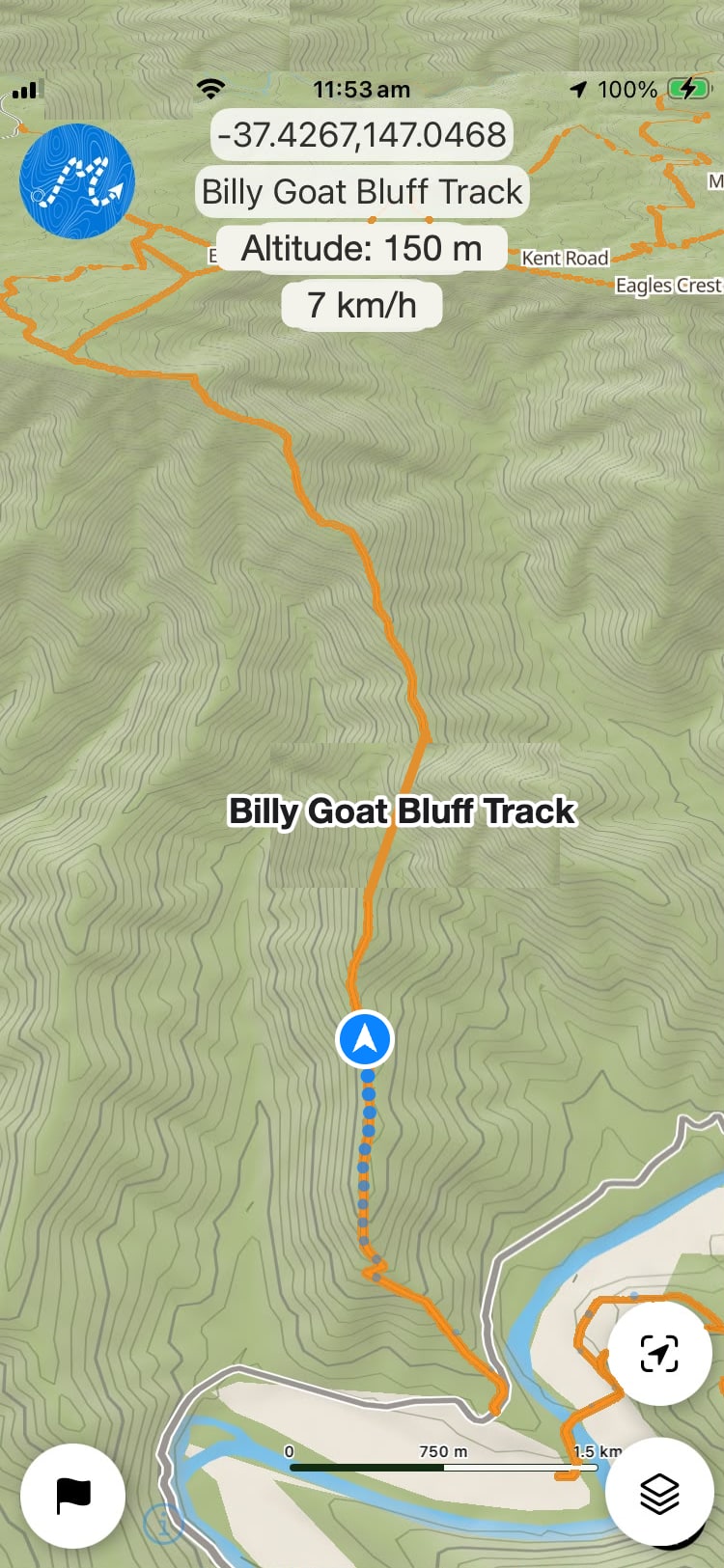 Dirt Map on Billy Goat Bluff Track — contours and the track line under the location puck