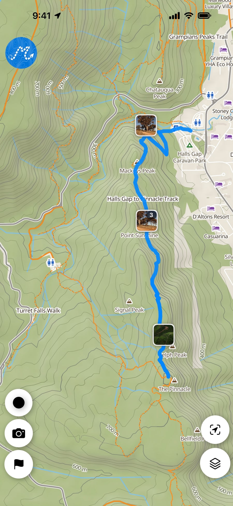 A recorded trip on the map in Dirt Map, with its photos pinned along the track where they were taken.