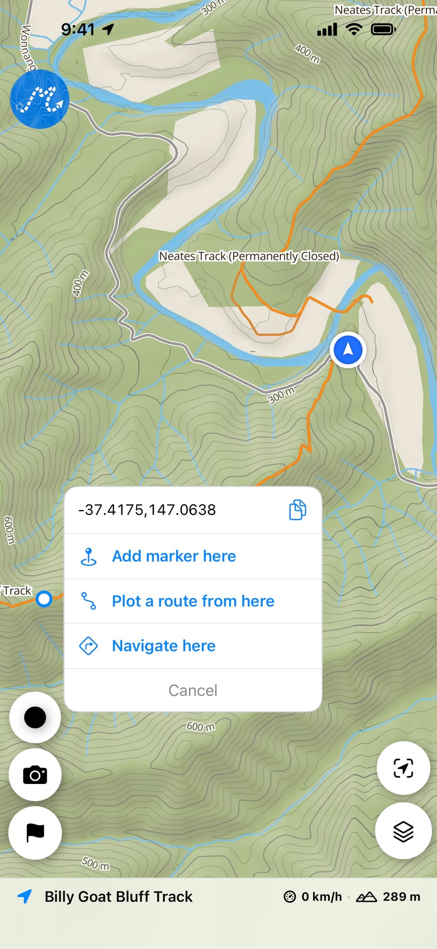 The menu that opens when you press and hold the map: the spot’s coordinates with a copy button, then Add marker here, Plot a route from here and Navigate here.