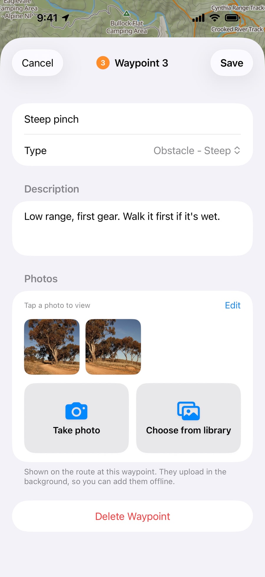 Editing Waypoint 3: the name Steep pinch, the type Obstacle - Steep, a description, two photos with Take photo and Choose from library, and Delete Waypoint.