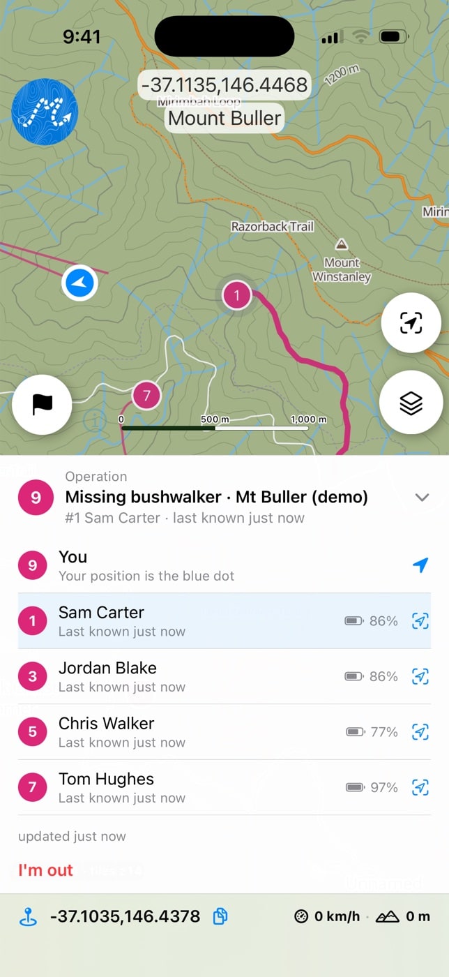 The Operation card pulled up in the searcher iPhone app, listing each teammate’s number, name, time since their last position and battery level.