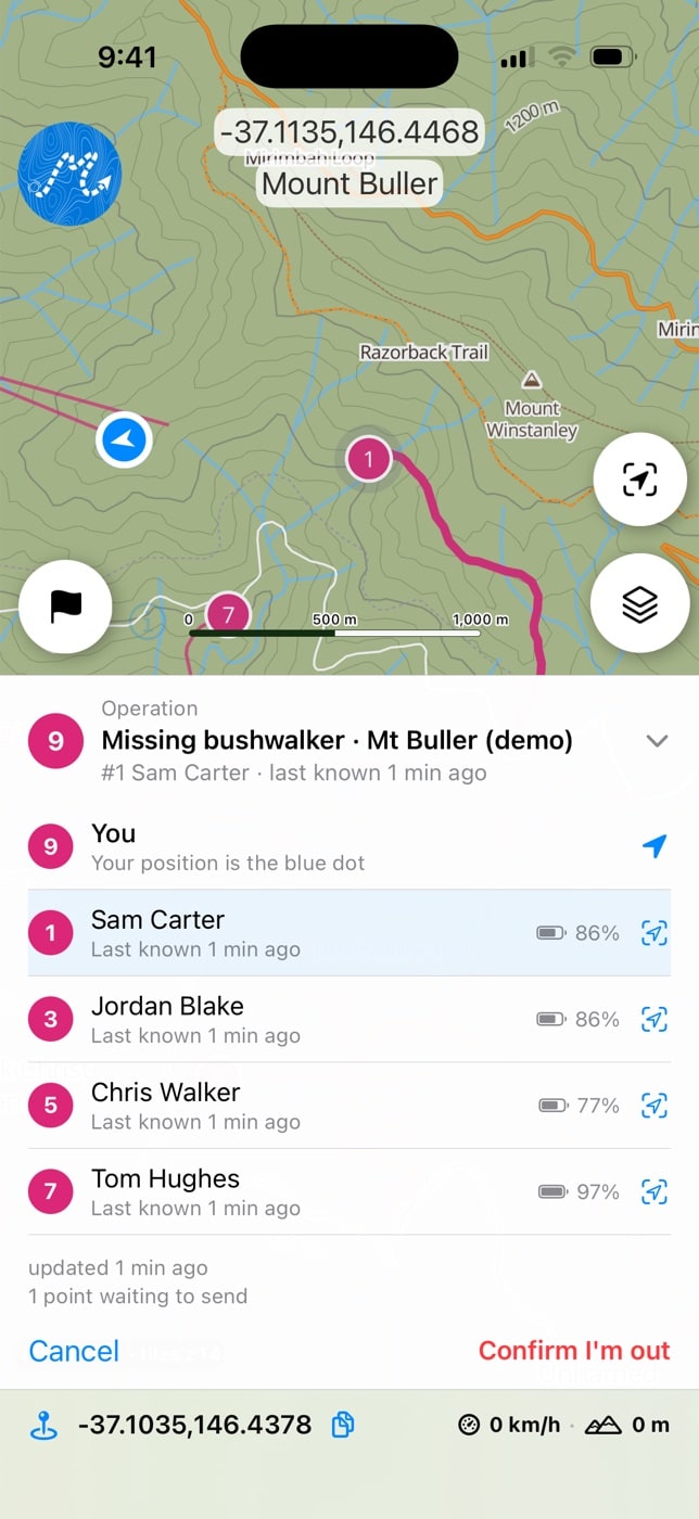The searcher iPhone app asking the searcher to confirm “I’m out” before signing out of the operation.