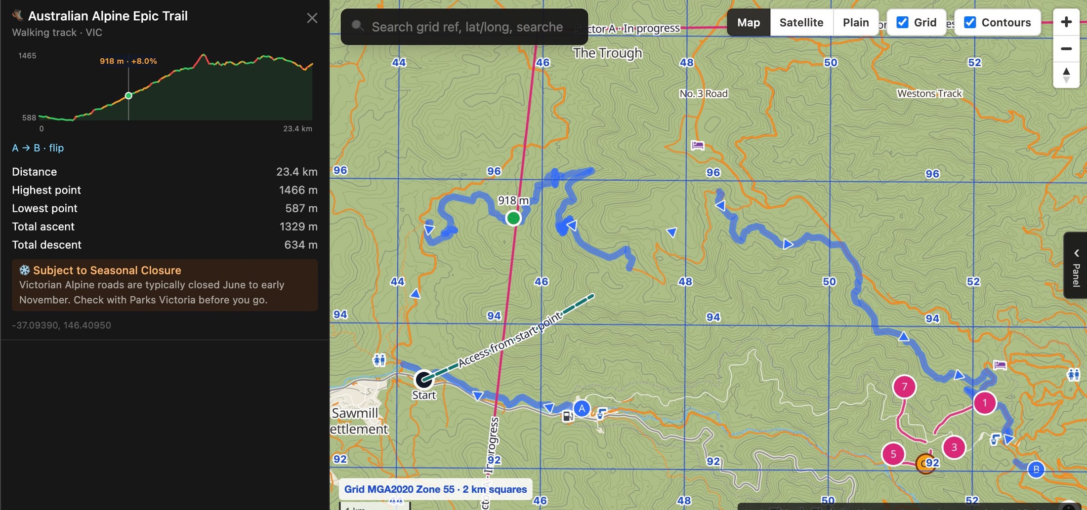 The board with a named walking track selected: a panel showing its elevation profile, distance, highest and lowest points, total ascent and descent, and a seasonal closure notice, beside the track drawn on the topographic map with the MGA2020 grid and an access route from the start point.